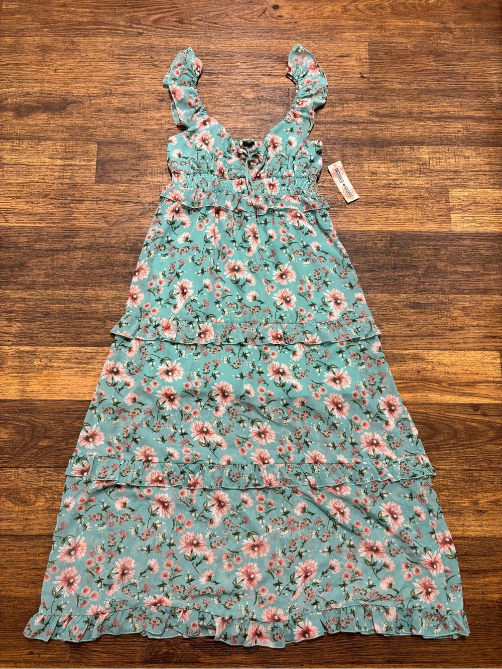 Inspired Hearts Teal Dress with Pink Floral Print